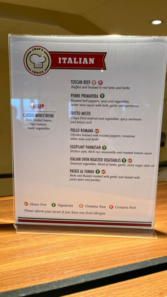 Menu showing some of the items available at Chef's Choice Italian theme at the Lido Marketplace lunch buffet on the Carnival Venezia