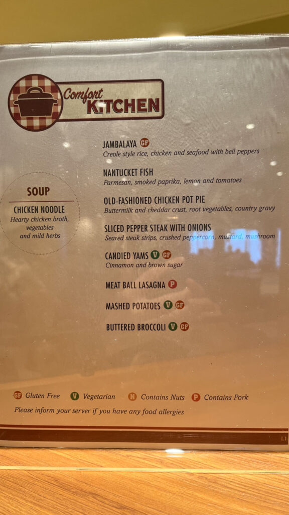 Menu showing some of the items available at Comfort Kitchen at the Lido Marketplace lunch buffet on the Carnival Venezia