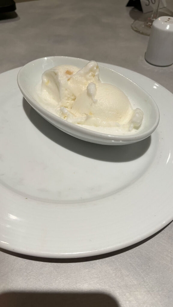 Pineapple Sherbet (delicious!) at the Canal Grand Restaurant (the Anytime Dining Main Dining Room) on the Carnival Venezia