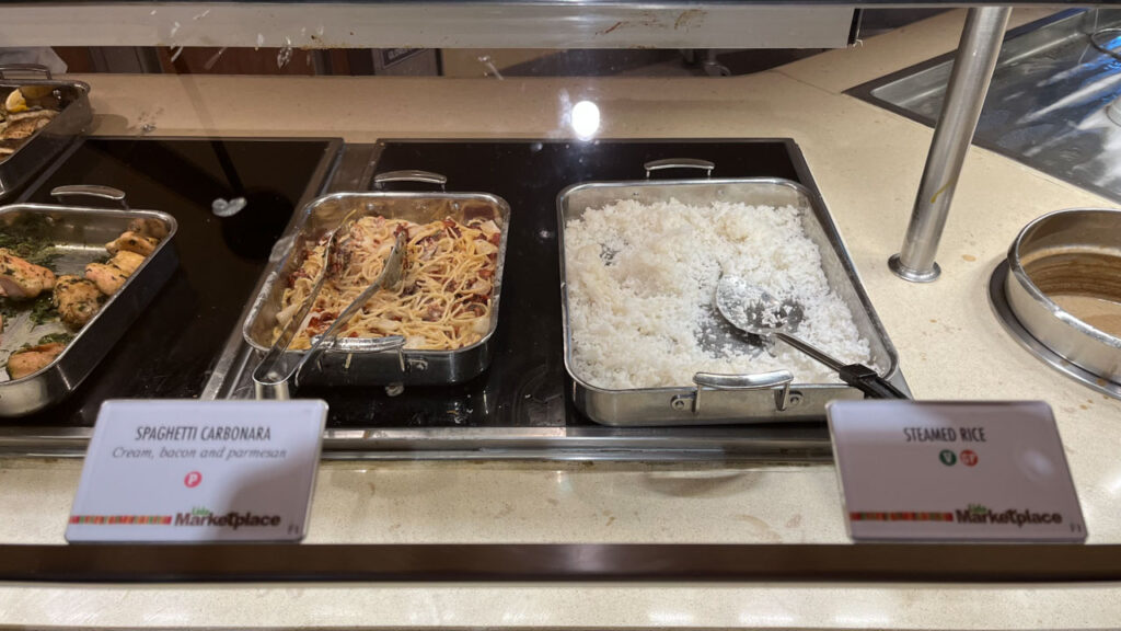 Spaghetti Carbonara and Steamed Rice at the Lido Marketplace Dinner Buffet on the Carnival Venezia