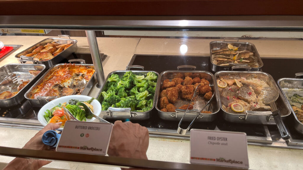 Some of the items available (including Fried Oyster and Buttered Broccoli) at the Lido Marketplace Dinner Buffet on the Carnival Venezia