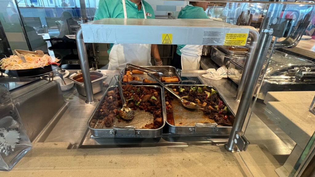 Some of the food options available at the Chinese Food Lunch Buffet at Seafood Shack on the Carnival Venezia