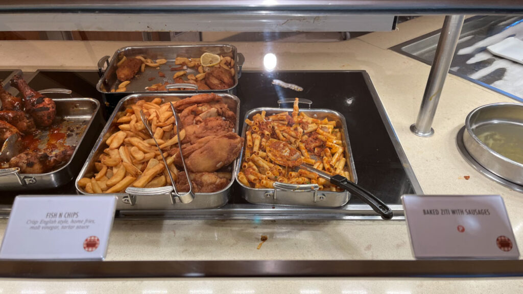 Fish N Chips and Baked Ziti with Sausages at Comfort Kitchen at the Lido Marketplace lunch buffet on the Carnival Venezia