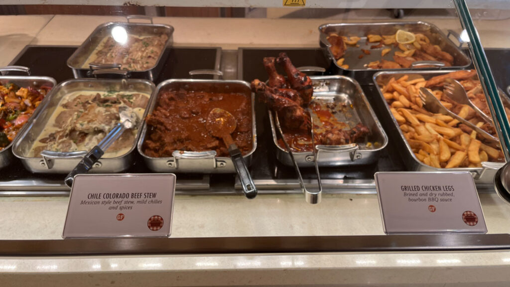 Chile Colorado Beef Stew and Grilled Chicken Legs at Comfort Kitchen at the Lido Marketplace lunch buffet on the Carnival Venezia