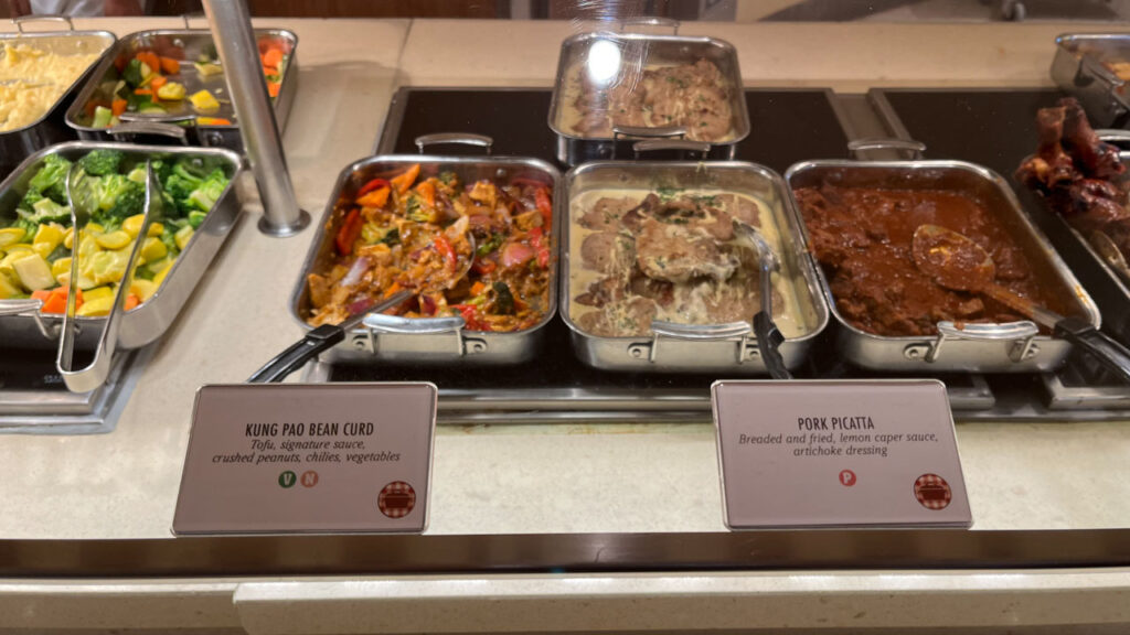 Kung Pao Bean Curd and Pork Picatta at Comfort Kitchen at the Lido Marketplace lunch buffet on the Carnival Venezia