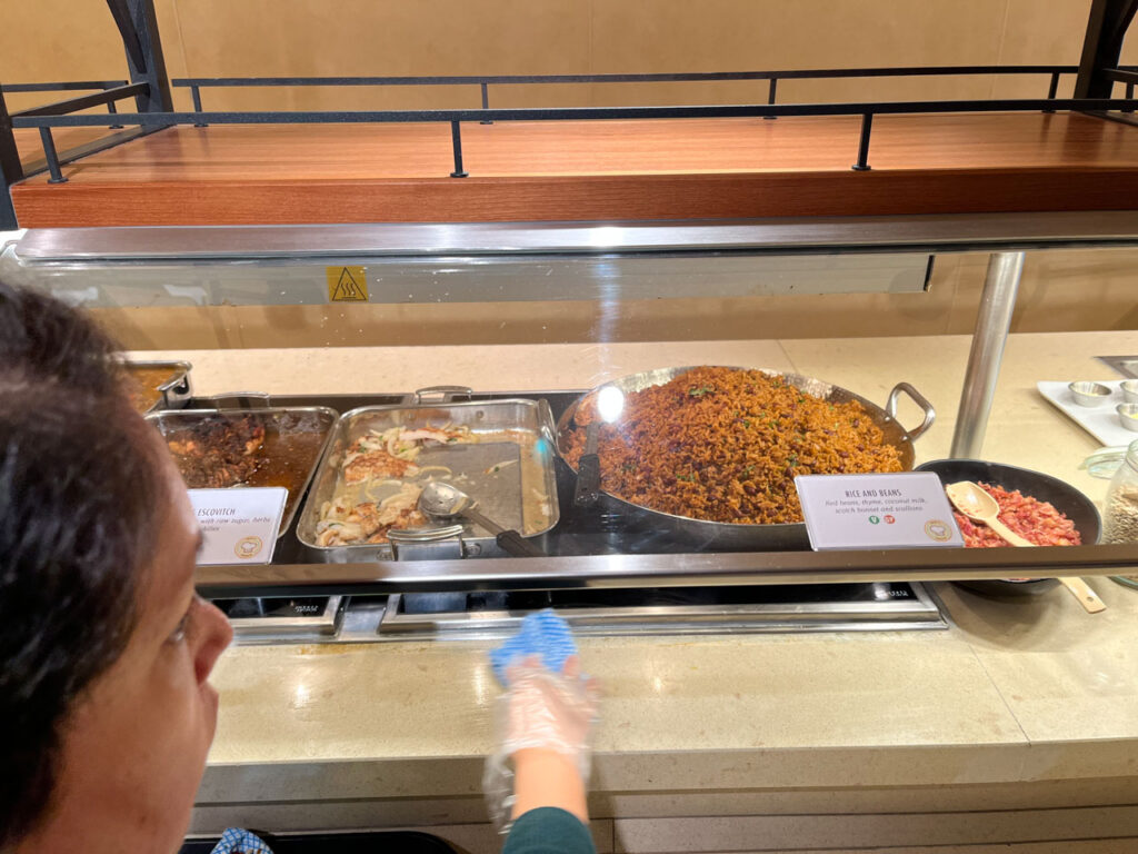 Some of the West Indies themed food items available (including Rice and Beans) at Chef's Choice at the Lido Marketplace lunch buffet on the Carnival Venezia