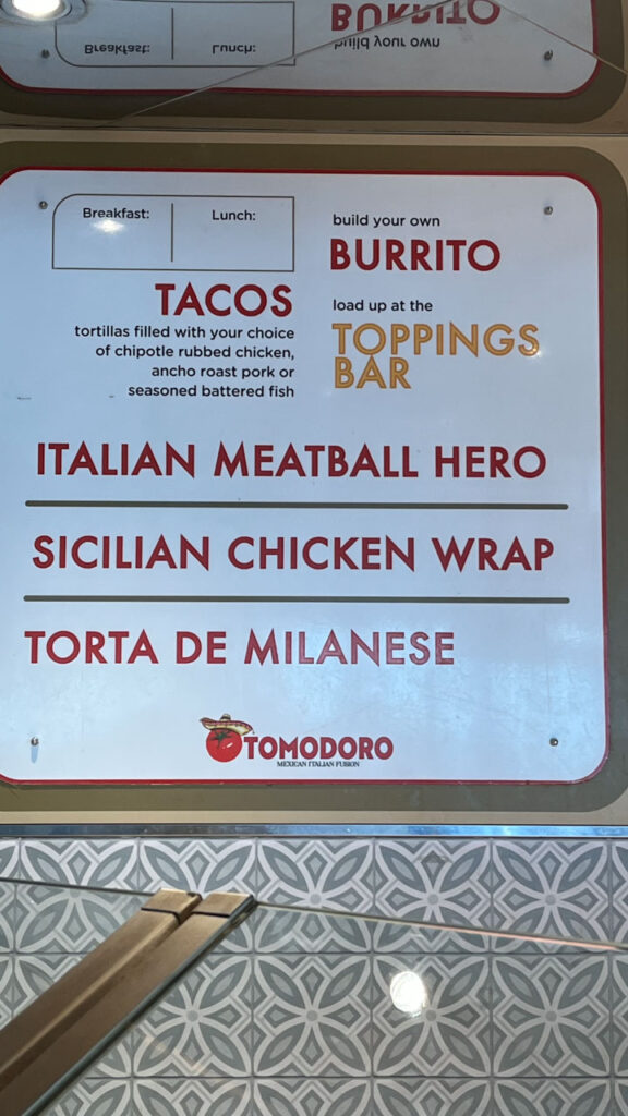 The Menu showing the lunch choices at Tomodoro on the Carnival Venezia (which is basically the Blue Iguana Cantina with three additional choices that are Italian themed)