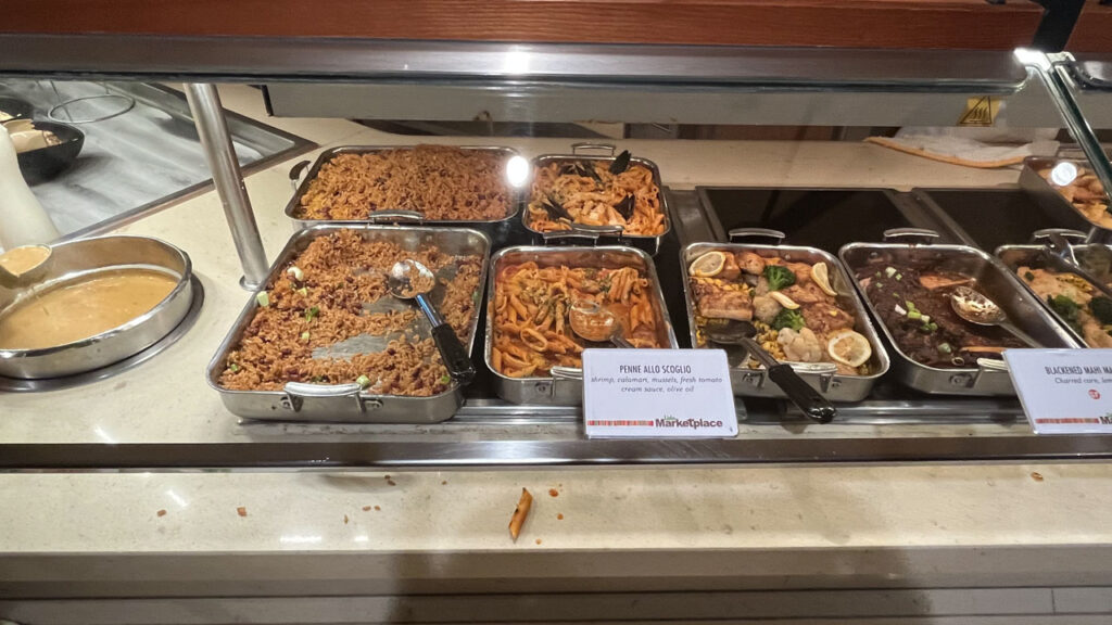 Penne allo Scoglio and other items at the Lido Marketplace dinner buffet on the Carnival Venezia