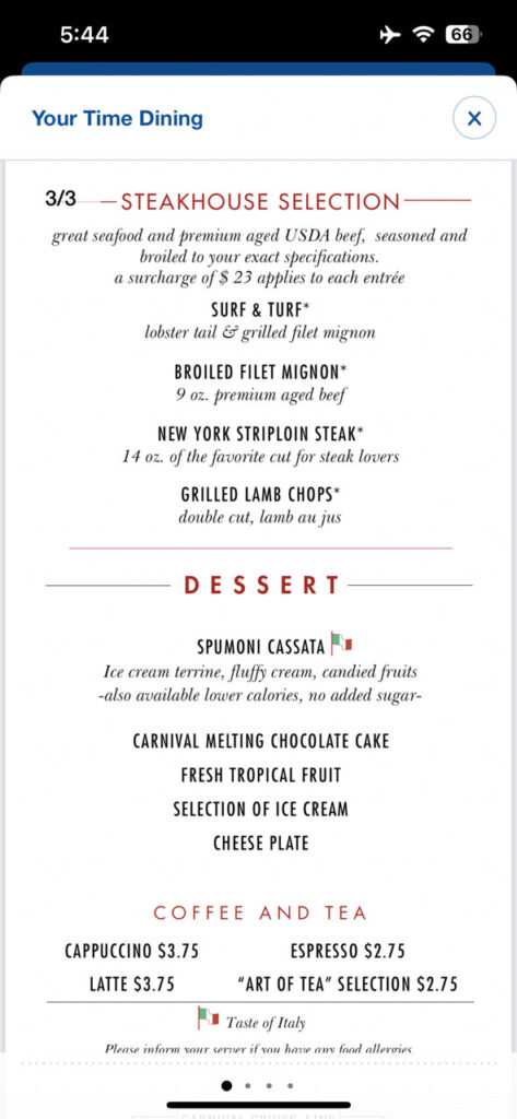 Main Dining room menu showing the dessert choices for the final night of our ten night cruise on the Carnival Venezia