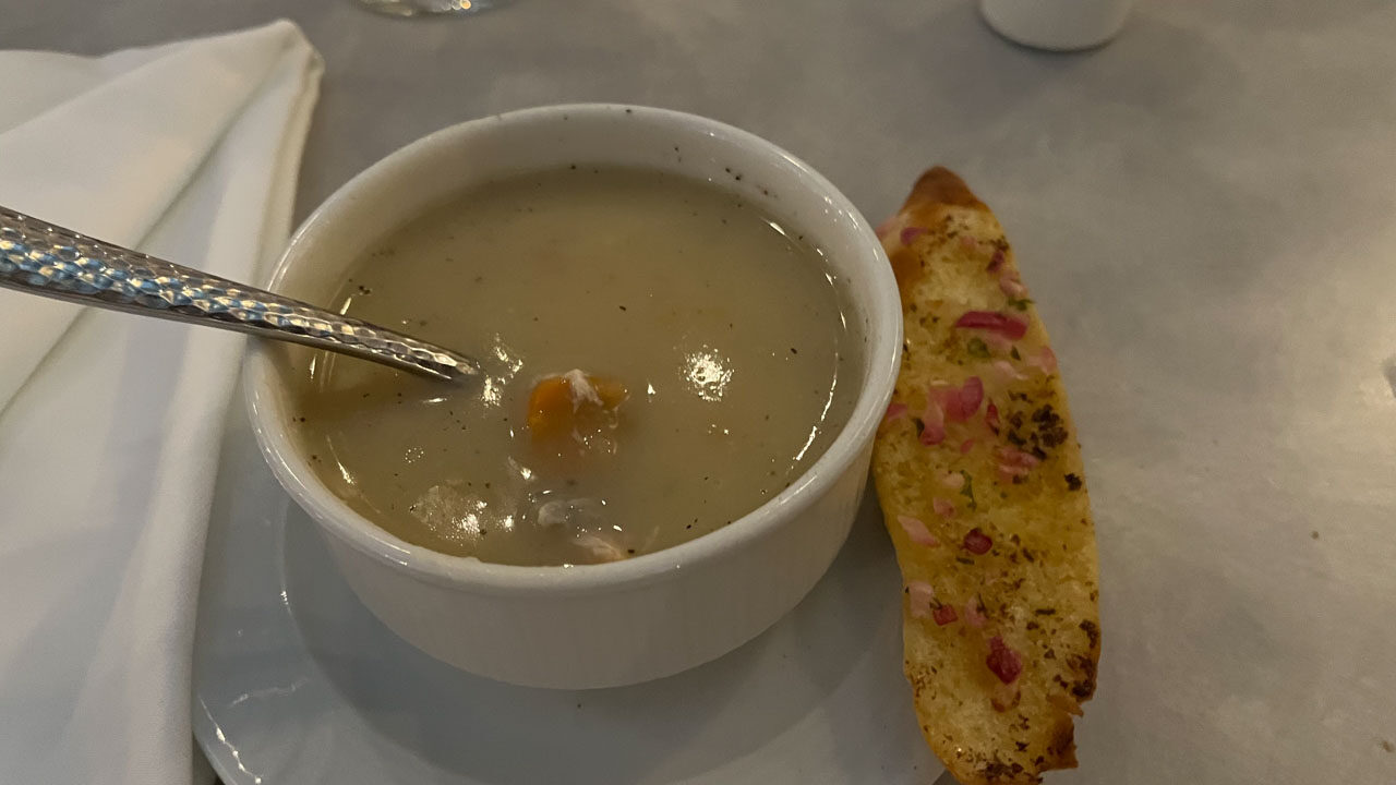 Seafood Chowder with Herbed Garlic Bread from the Main Dining Room on night eight of our ten night cruise on the Carnival Venezia